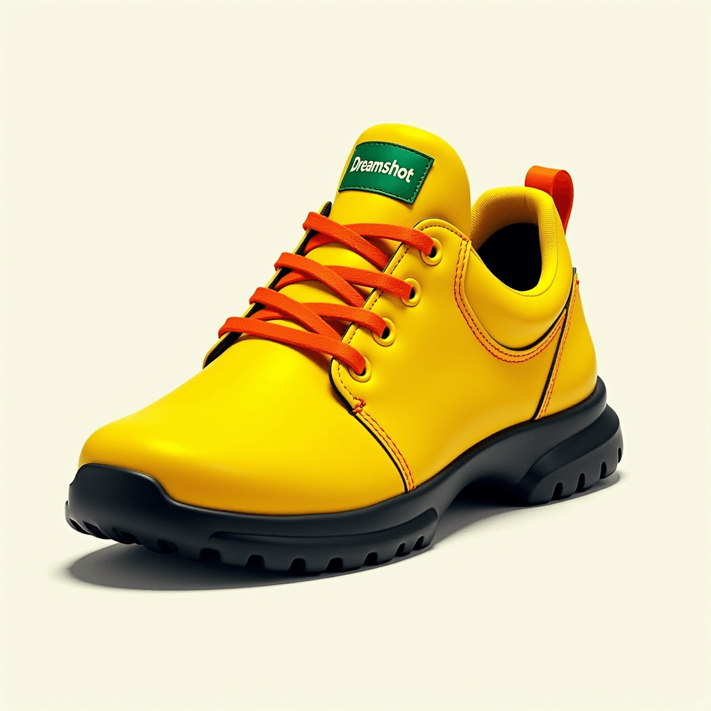 AI generated: a yellow sneaker with black sole and orange laces an green logo saying "Dreamshot"
