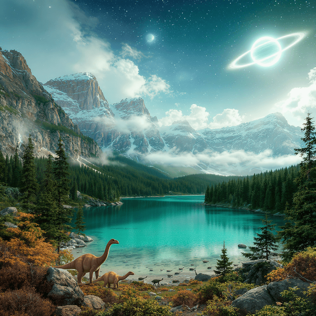 AI generated: a scenic view of a tall mountains covered in lush greens and moss covered trees with a lake and a ri...