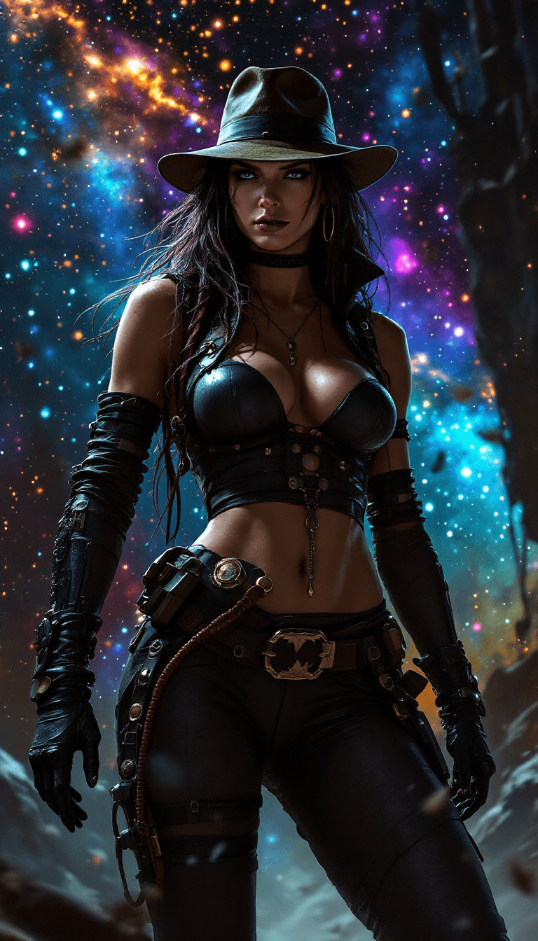 AI generated: galaxy cybergoth Indiana Jones by Vladimir Matyukhin --ar 800:1600 --v 5.1 --style raw