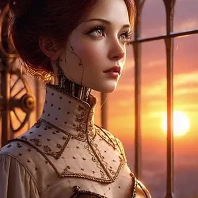 AI generated video: A striking, centered portrait of a mechanical woman with a flawless porcelain face and luminous crys...