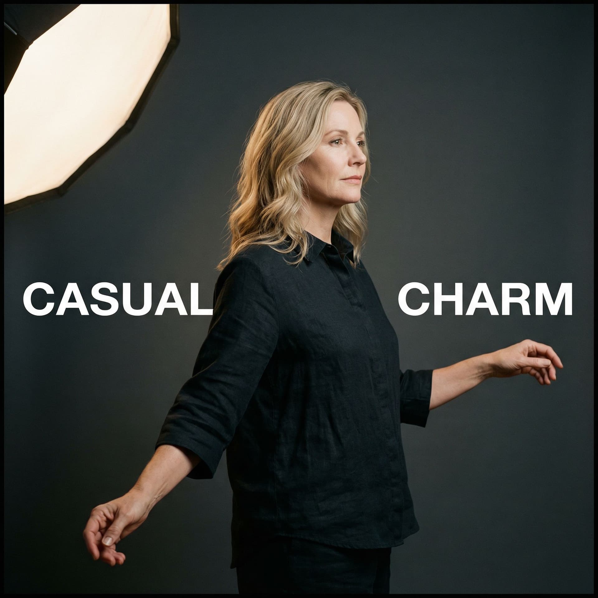 AI generated: A cinematic, high-end editorial studio portrait of an adult woman posed with effortless confidence a...