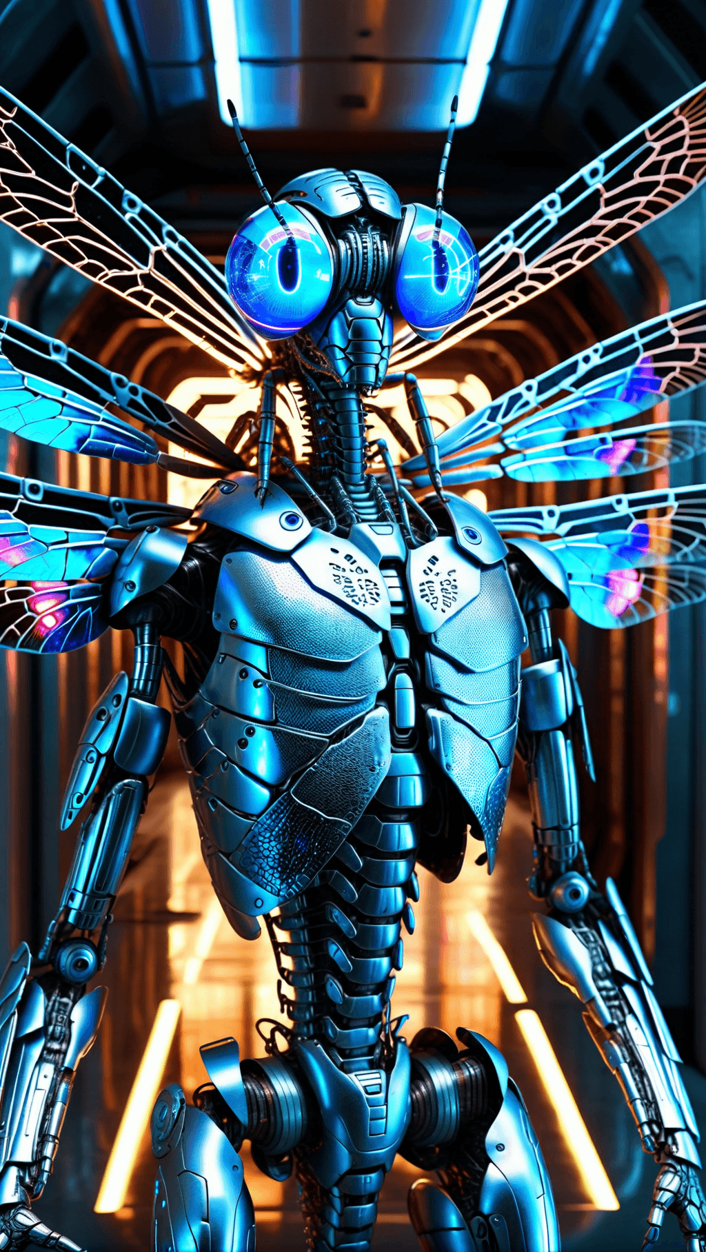 AI generated: Ultra-detailed cyborg in a spaceship (blue eyes), with anthropomorphic cybernetic elements on metal ...