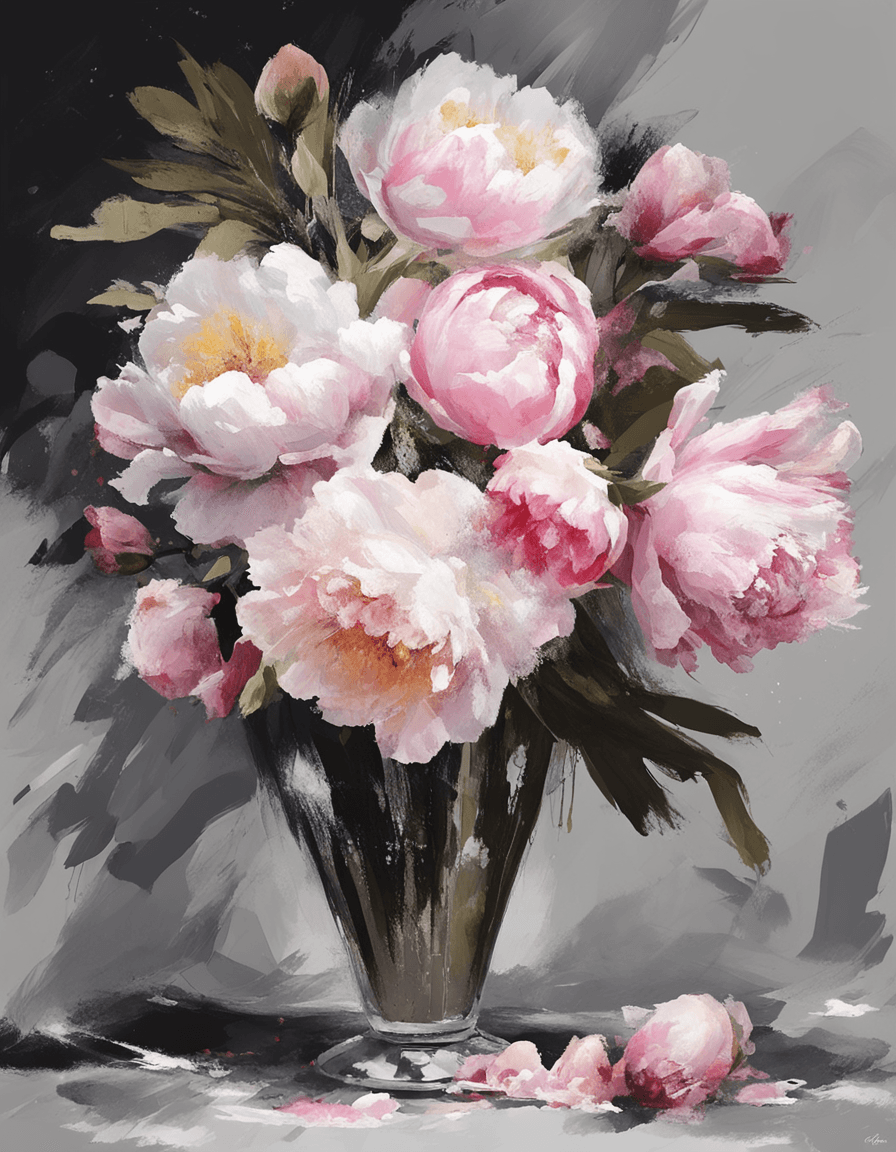 AI generated: PAEONIA ALERTIE, realistic impressionist style , 11 flowers bouquet, ligthener white pink , modern a...