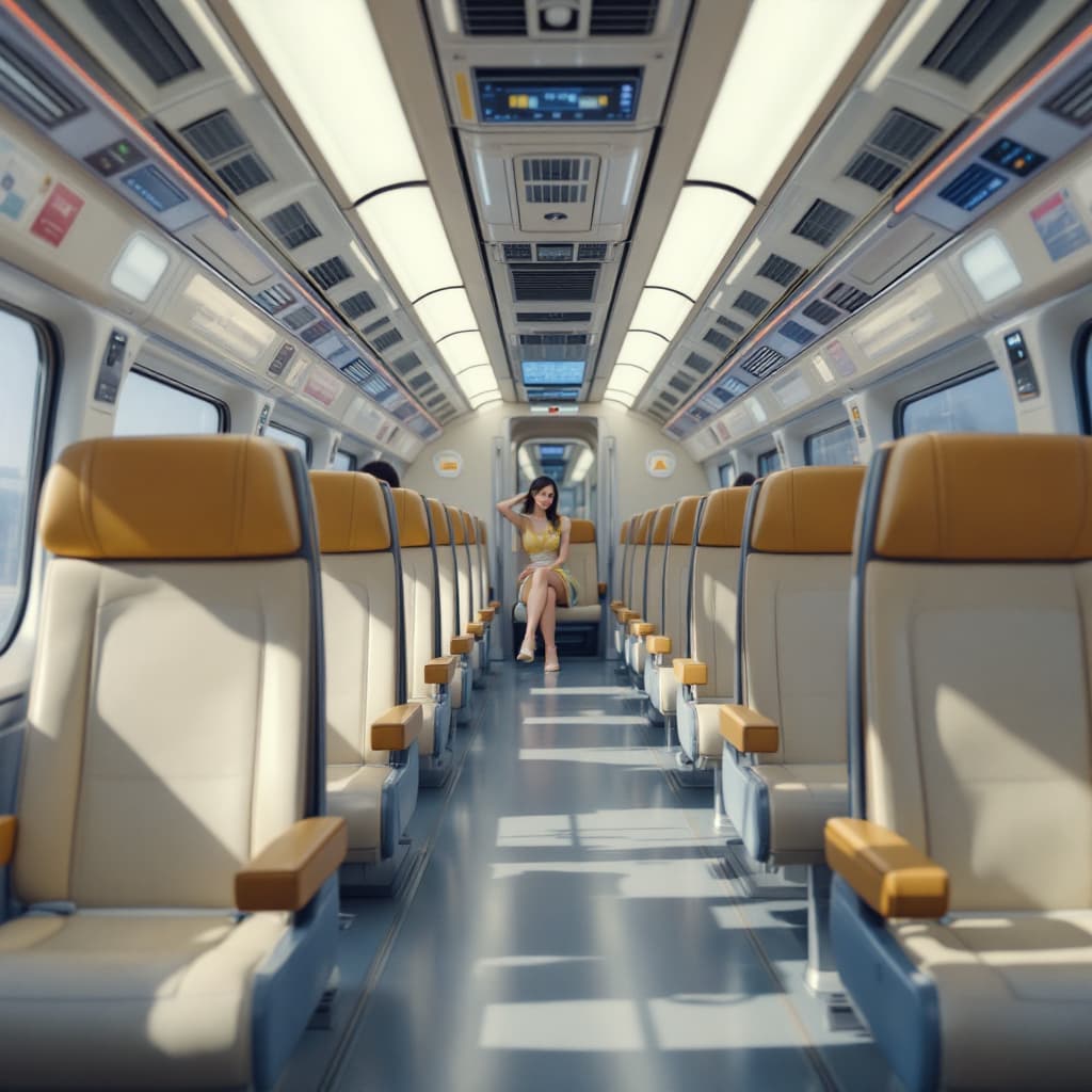 AI generated: a beautiful Wes Anderson style image of a bullet train interior with rotating seats, pertty female.