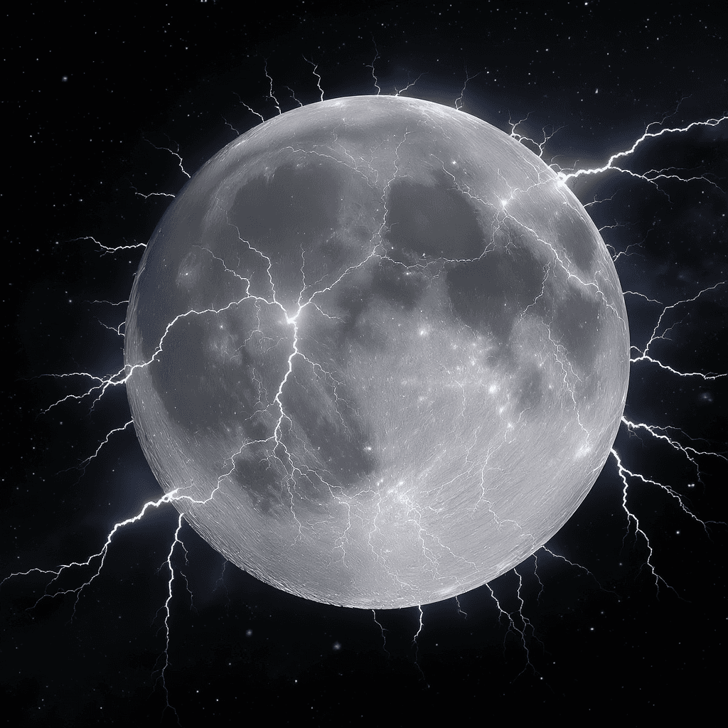 AI generated: a grey, White and black moon that has white lightning storms swirling and covering its entire surfac...