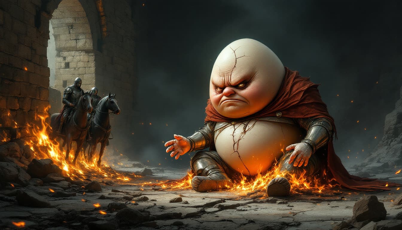 AI generated: Envision a fully body portrait of  humpty dumpty egg  type character (facial features looking sad)as...