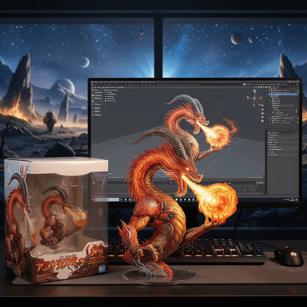 AI generated: Transforming the photographed person into a realistic 3D figurine in front of a computer desk. The c...