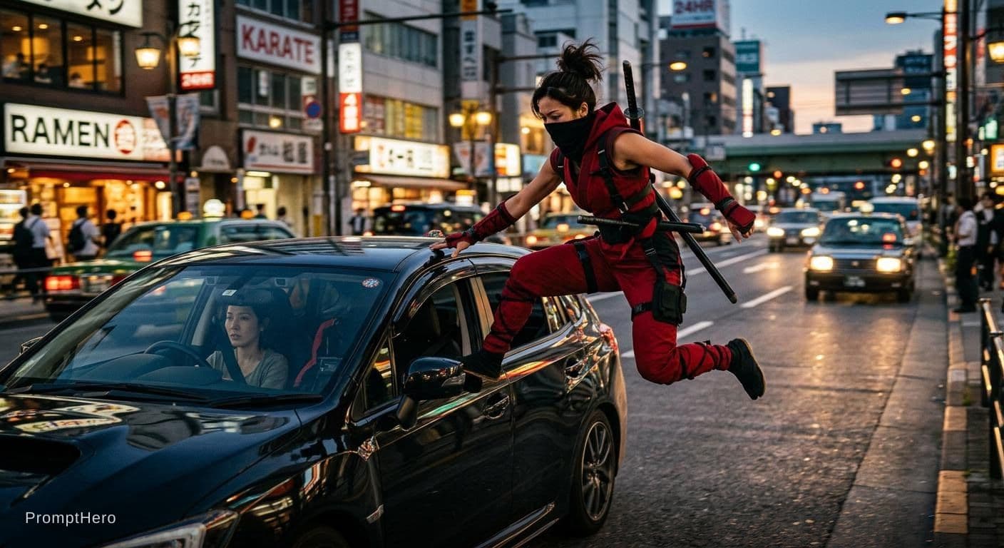 AI generated: Ninja warrior wearing a red wear and run, jump in the car 