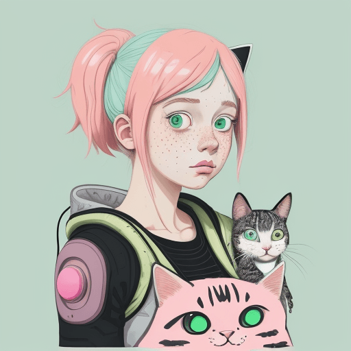 AI generated: An illustration of a quirky girl with pink hair, in the style of Flat shading, Gemma Correll, with f...