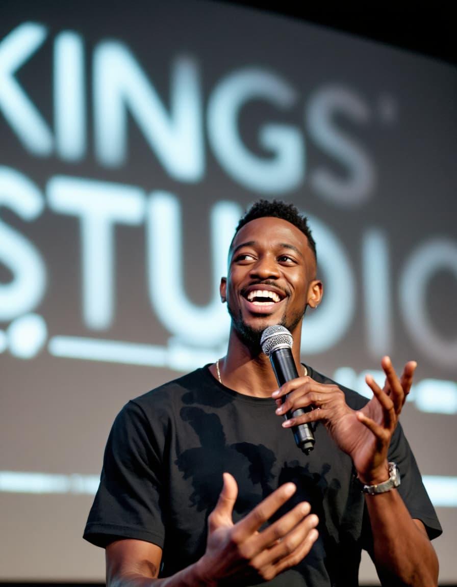 AI generated: An up-close image of a young, fair-skinned African person giving an animated talk about artificial i...