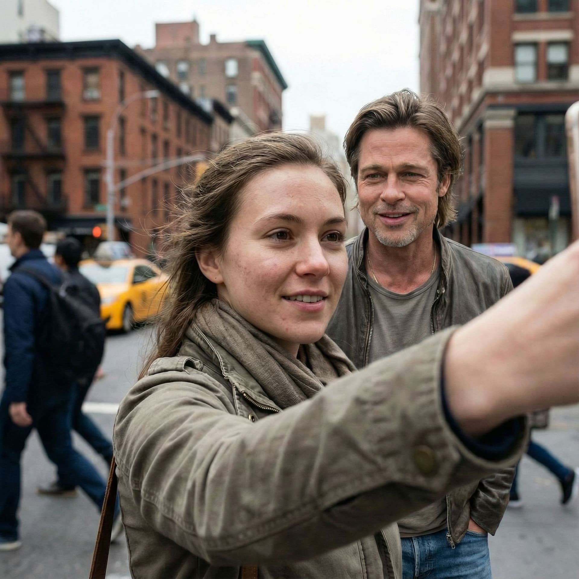 AI generated: Brad Pitt is standing next to her, both appearing candid and casual, ultra-realistic quality.