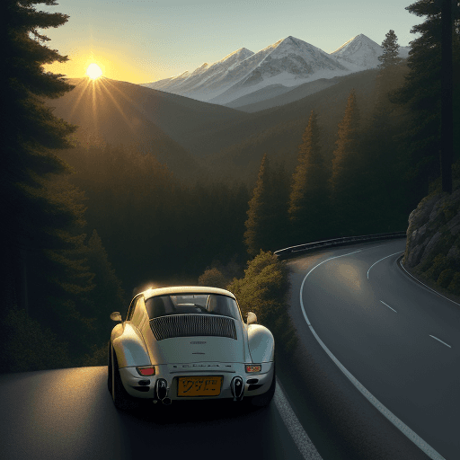 AI generated: a porsche far away driving down a mountain windy road. Car from the back in line with the camera and...