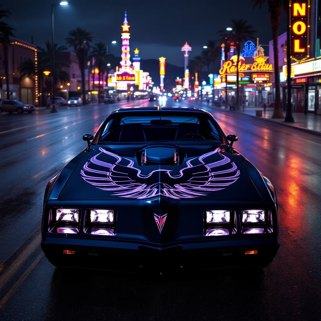 AI generated: Photo of a ultra realistic Black on Black 1979 Pontiac Trans Am with the bird with the shaker hood s...