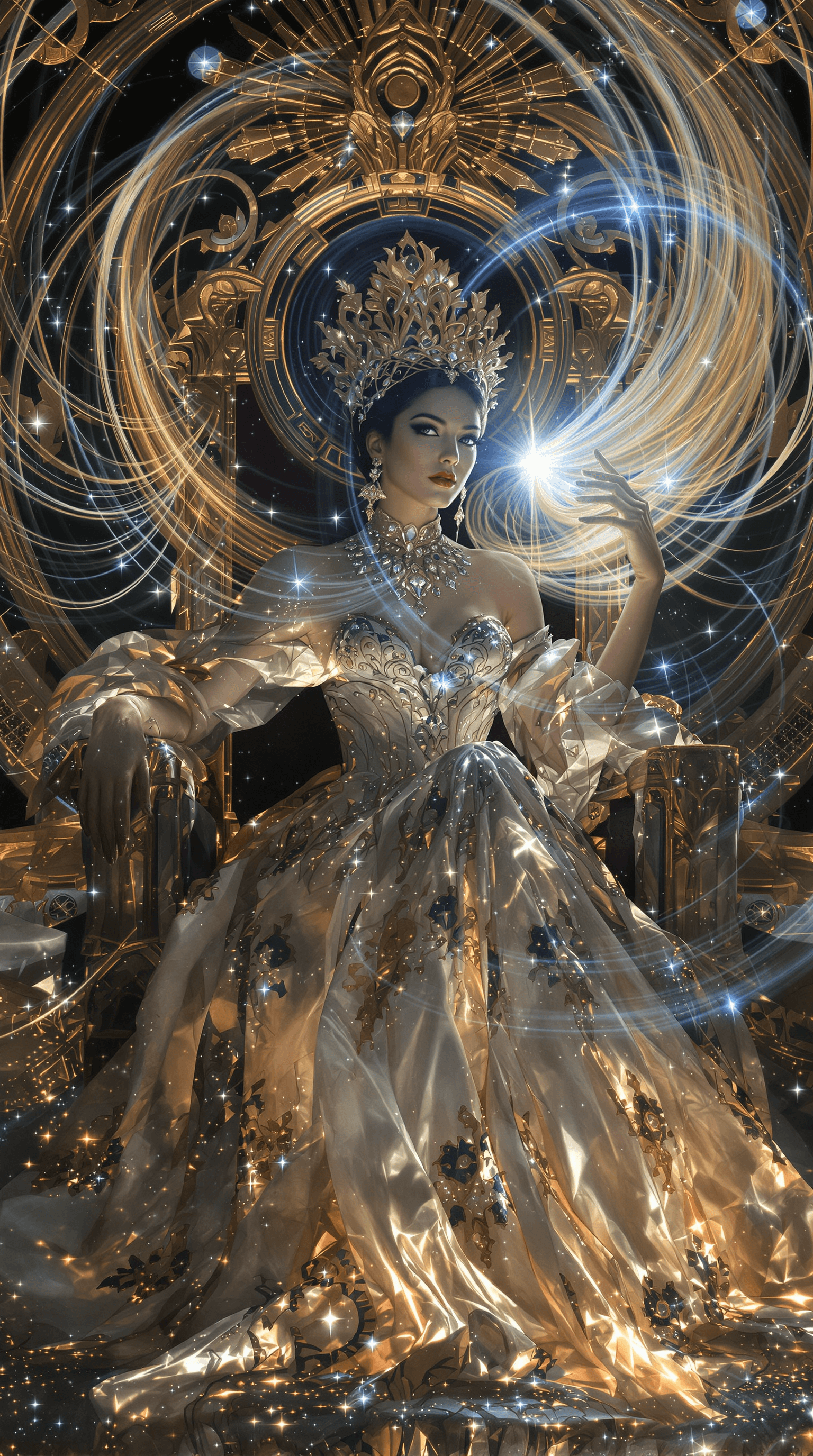 AI generated: A pretty woman, with a gaze that seems to hold centuries of knowledge and power, sits upon a throne ...