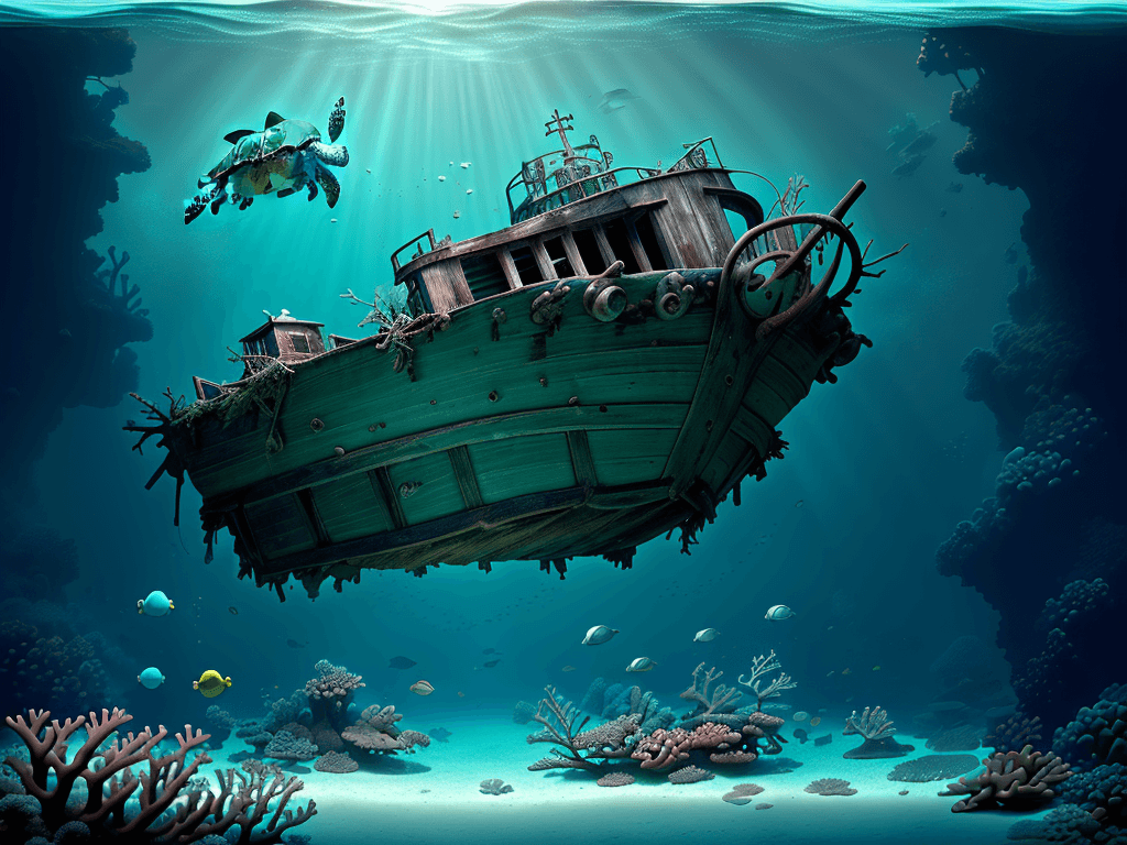 AI generated: a deeper dreamy old little boat wreck, happy dreamy big baby green turtle floating and looking at us...