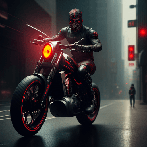 AI generated: angry black male riding a bike, red eyes, mask, street, cyberpunk, intricate artwork . octane render...