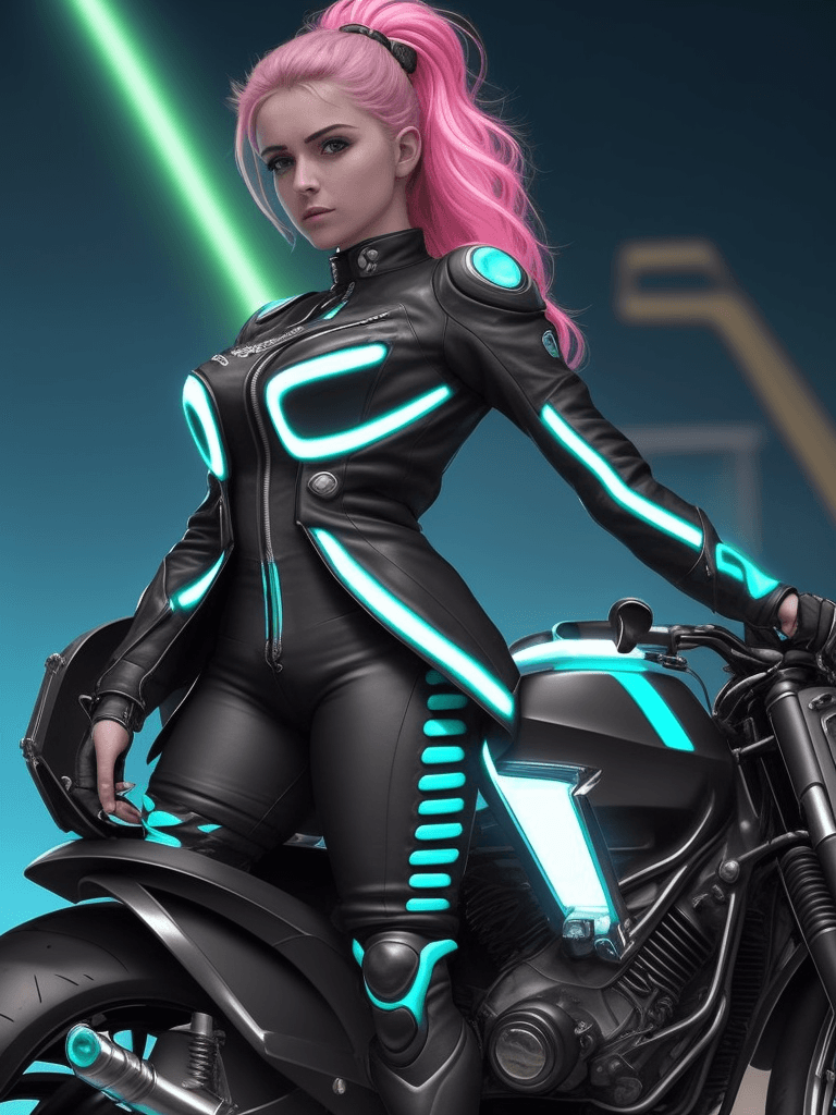 AI generated: La electrizante escena captura a una mujer deslumbrante a lomos de una motocicleta de carreras futur...