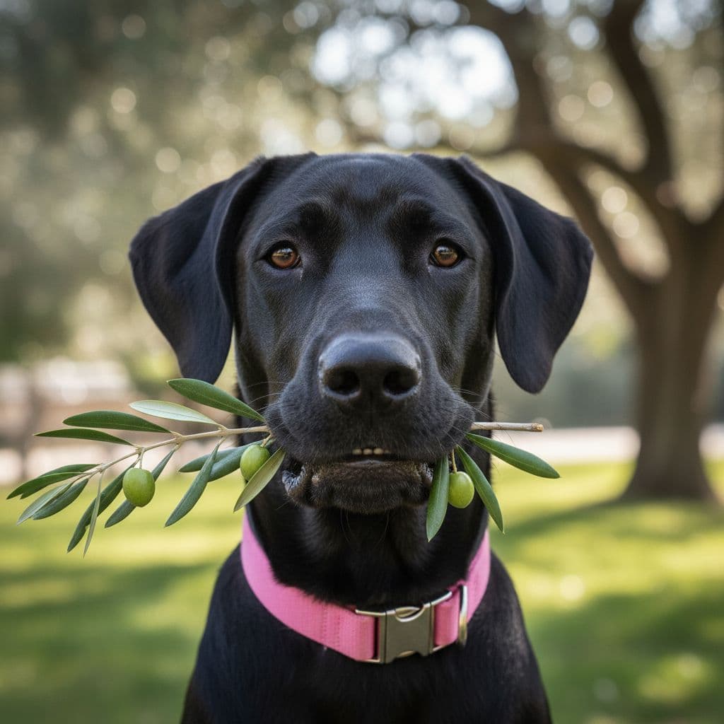AI generated: dog, young, black great Dane mix, just face, pink collar, 
holding an olive branch
