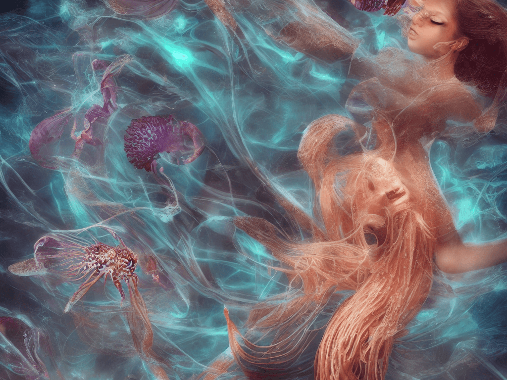 AI generated: Goddess close-up portrait ribcagel. jellyfish phoenix head, nautilus, orchid, skull, betta fish, bio...