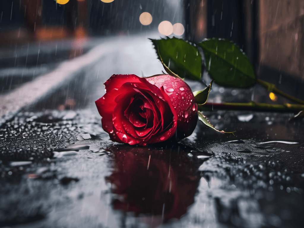 AI generated: a photo of a rose lying on a wet street, professional photography, dslr, uhd dramatic, gloomy, heart...