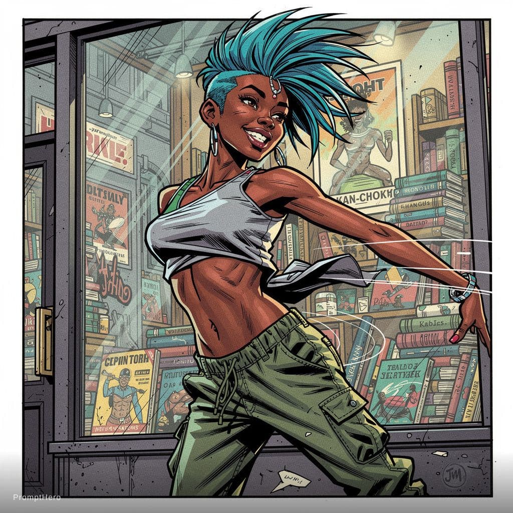 AI generated: Akan-Chokwe female playful dancer 24-year-old with short spiky cerulean hair, asymmetric crop top, c...