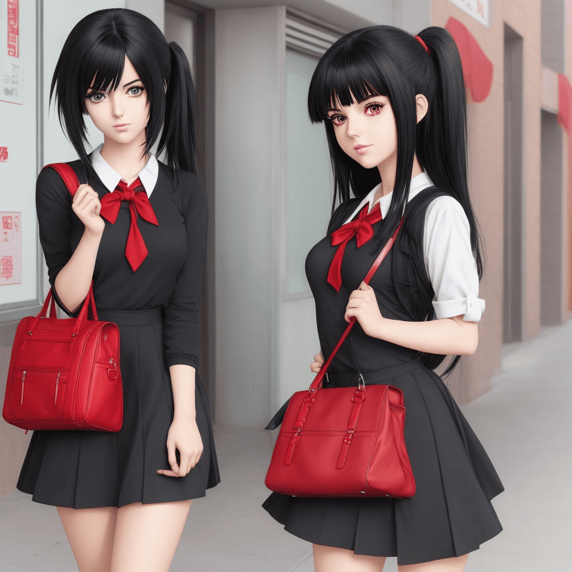 AI generated: A gorgeous looking anime girl with black hair wearing a school dress with a red bag,anime style 