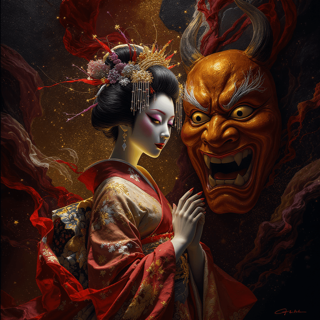 AI generated: "A mesmerizing 3D portrait of a Geisha standing gracefully beside a Kabuki Mask, both rendered in hi...