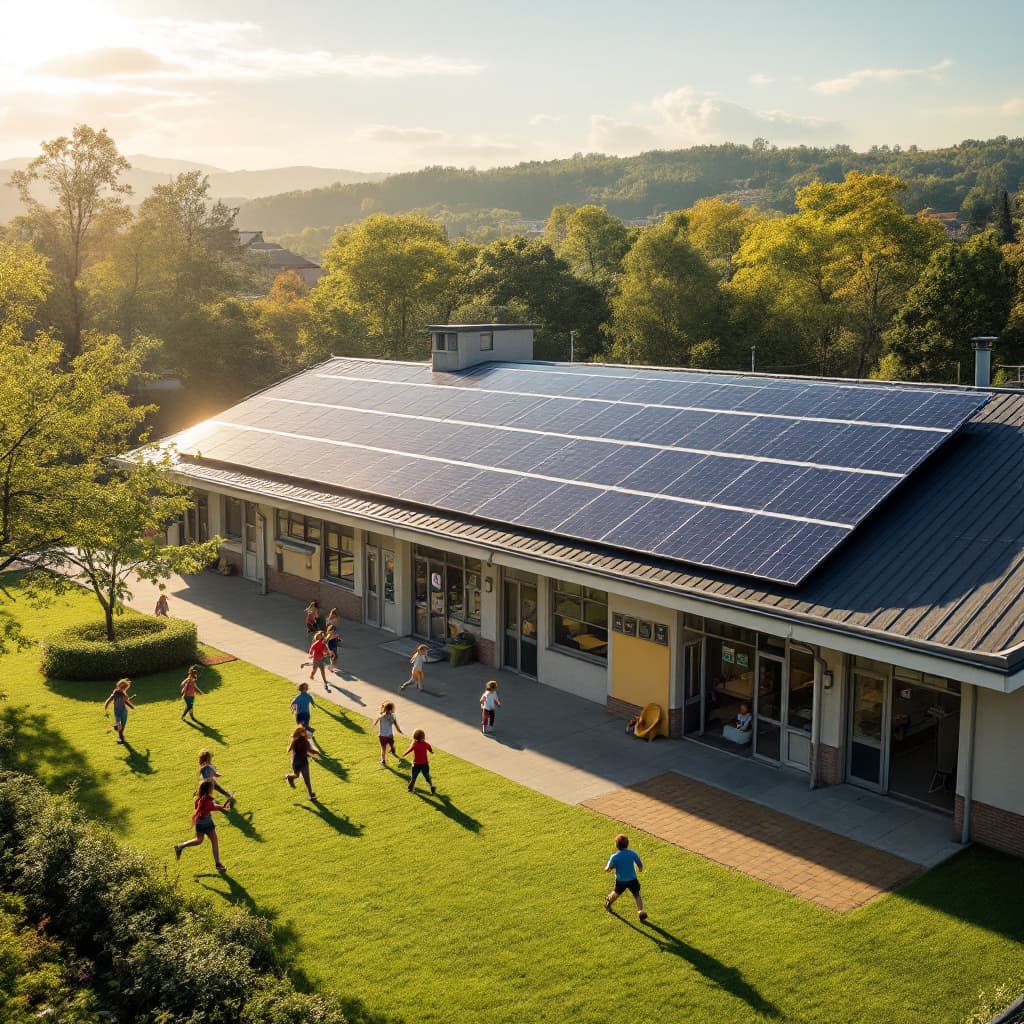 AI generated: There is a solar power plant on the roof of an elementary school, and children are running and playi...