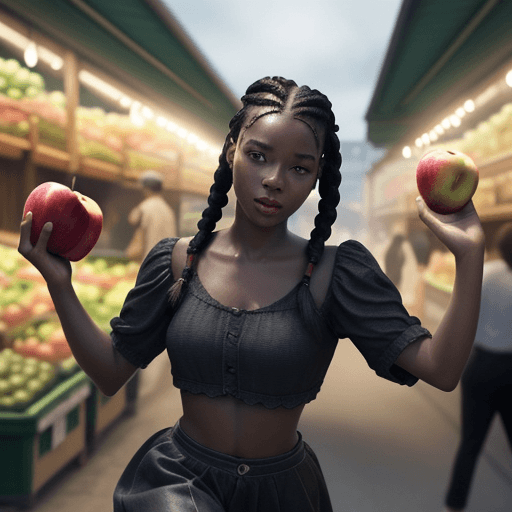 AI generated: Black girl with braids holding apples runs from people chasing her through the market, hyper-realism...