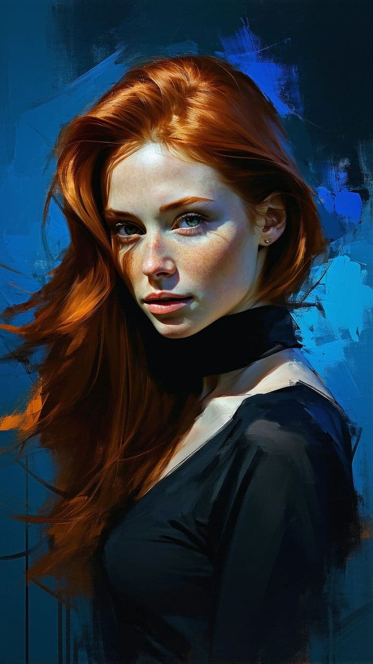 AI generated: a woman with long auburn hair head tilted up in a shade of blue and black painting, in the style of ...