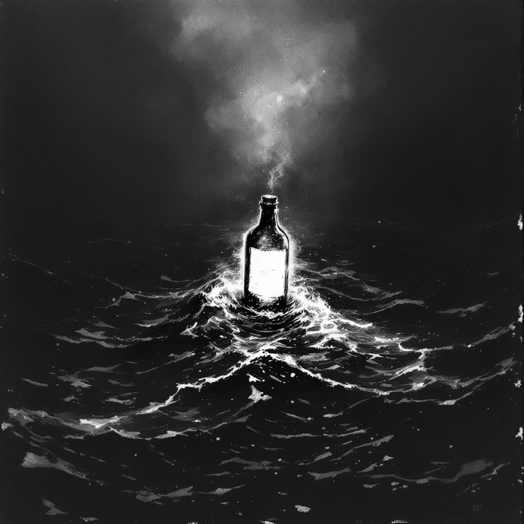 AI generated: Wet ink, charcoal sketch of Message in a bottle, floating on dark, churning sea. Fog rolling in. Wet...