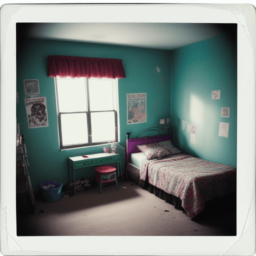 AI generated: The prompt was "create an image of a polaroid photo taken of a poorly lit bedroom where the bedframe...
