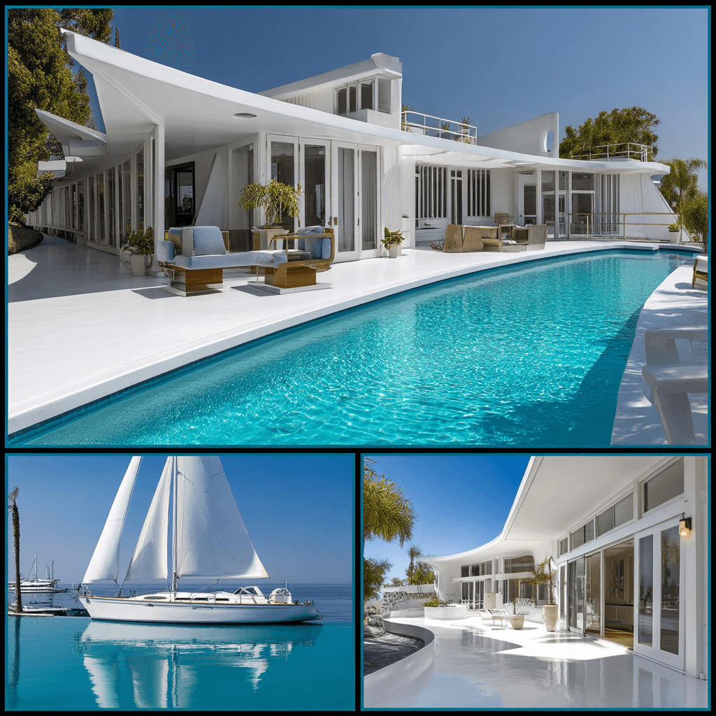 AI generated: luxurious mid-century modern mansion shaped like a sailboat, with whitewashed walls, expansive
deck...