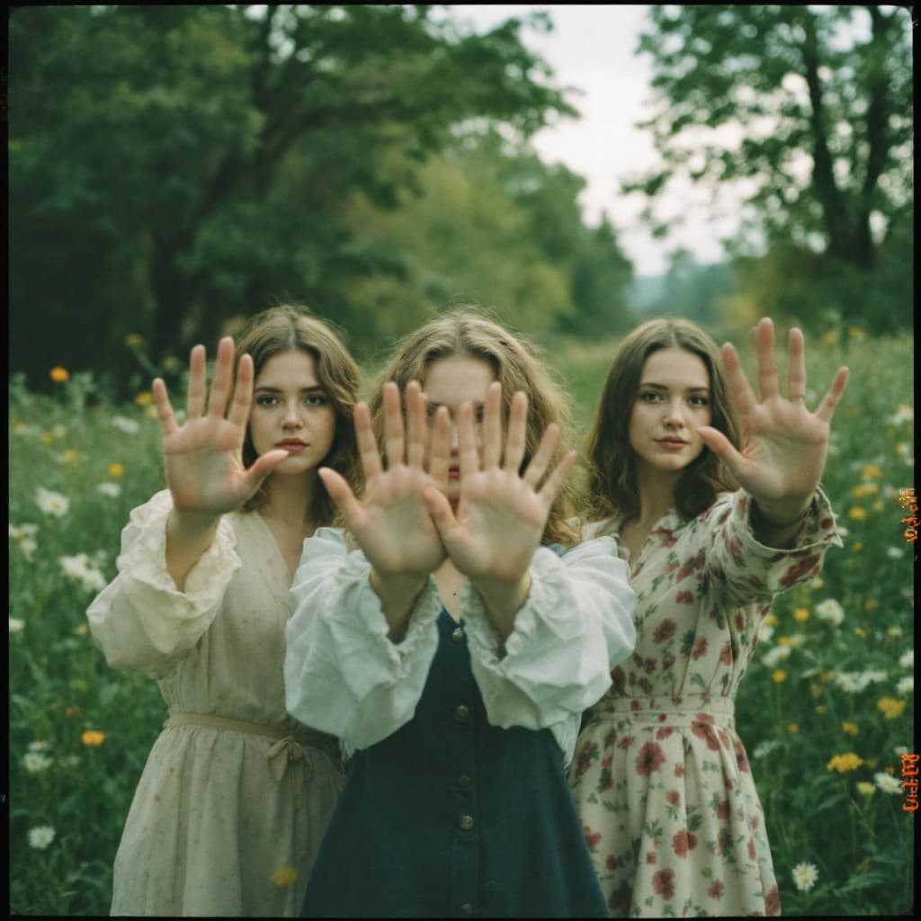 AI generated: filmic photo of a group of three women on a path meadow, they are holding their hands up the camera,...