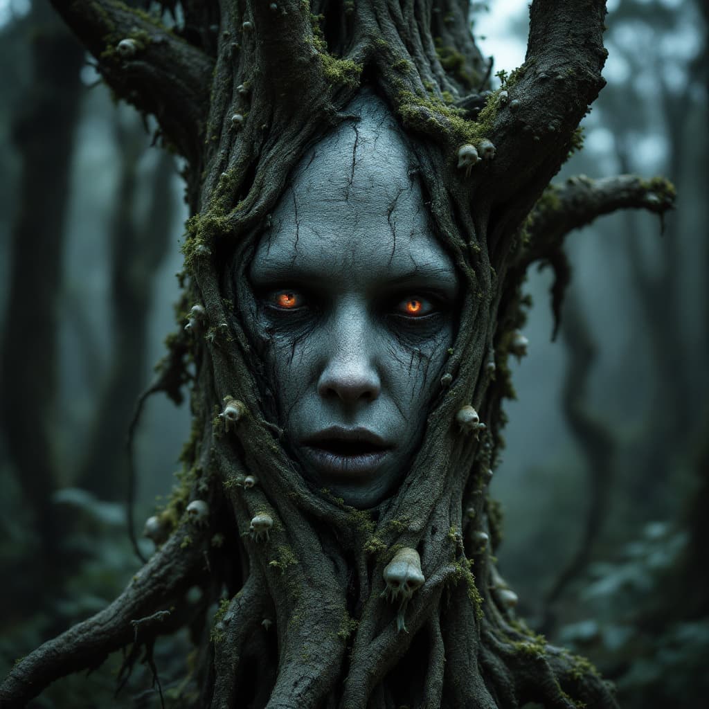 AI generated: A haunting human face partially fused into the trunk of a decaying tree, infected and overtaken by p...