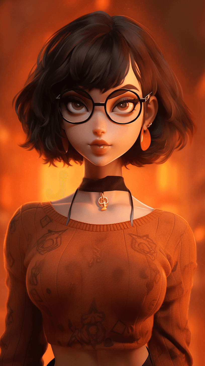 AI generated: goth girl astestic, velma from scooby-doo, a woman wearing eye glasses and an orange top, goth style...