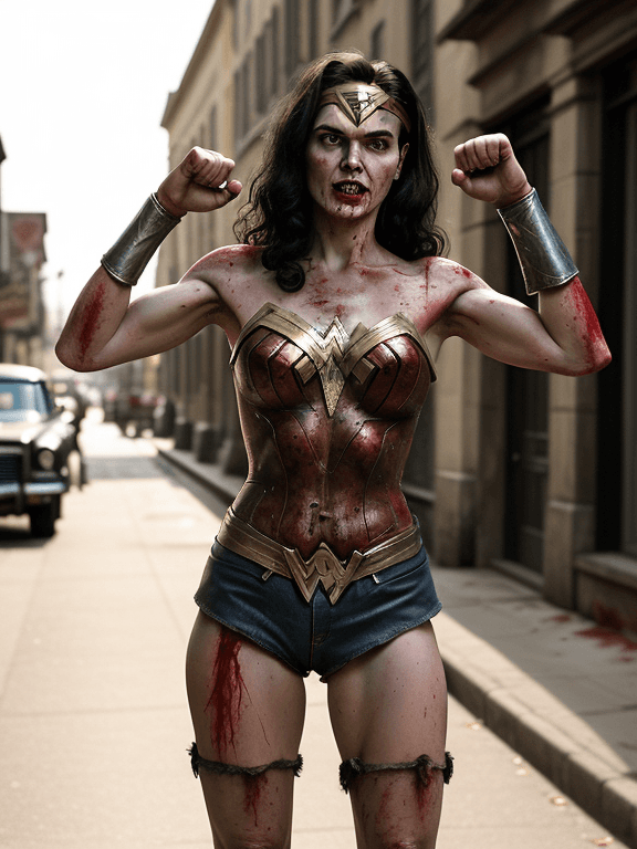 AI generated: vintage, wonder woman, wonder woman zombie, zombie, deadly, blood, bloody, bloody face, in the city,...