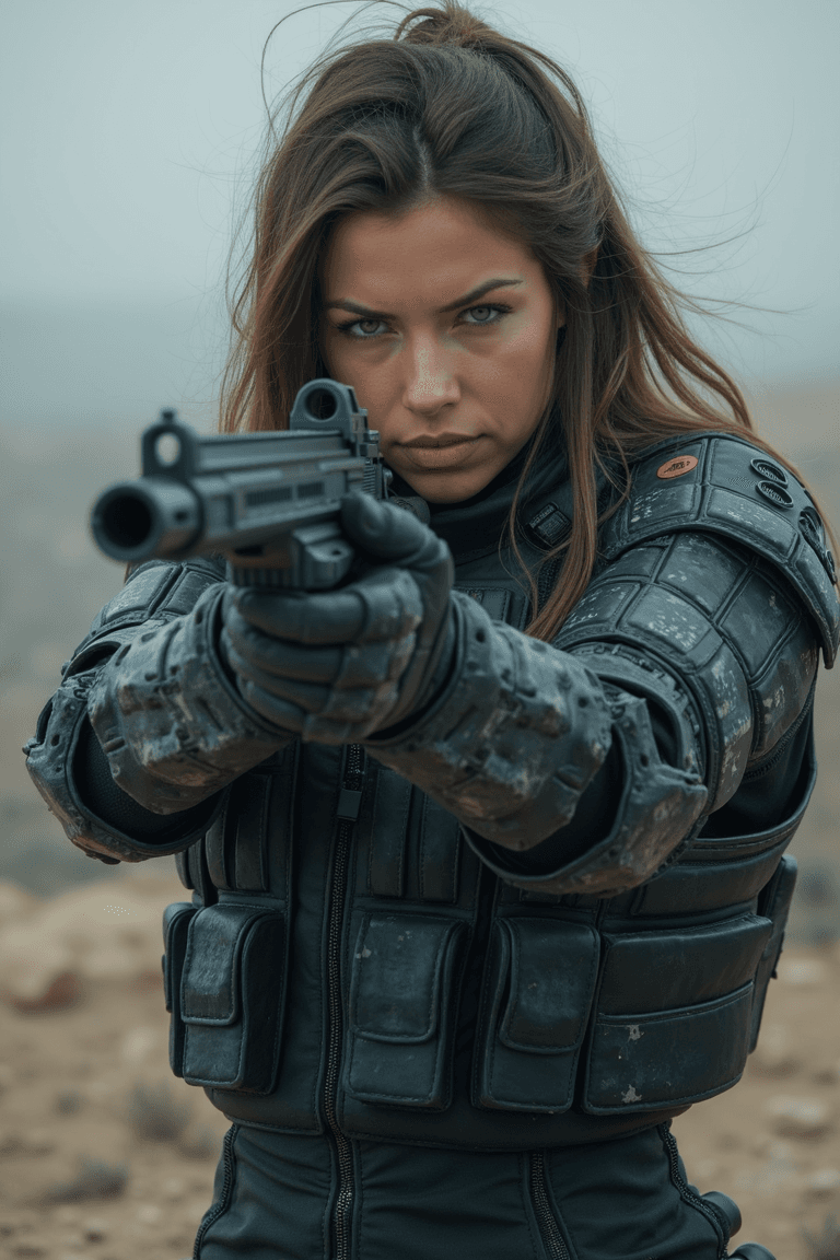 AI generated: A beautiful Israeli woman, in a military dress,  with a modern rifle in her hands, aiming to shoot
