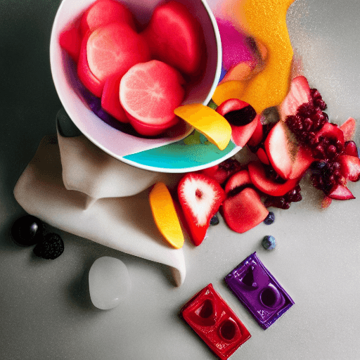 AI generated: a bowl full of freshly cut fruit can be seen, with a colorful dietary supplement bottle or box next ...