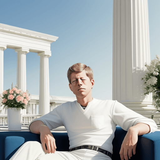 AI generated: John Kennedy sitting on a couch, White city, bright, pillars, purity, plants, flowers, blue sky, loo...