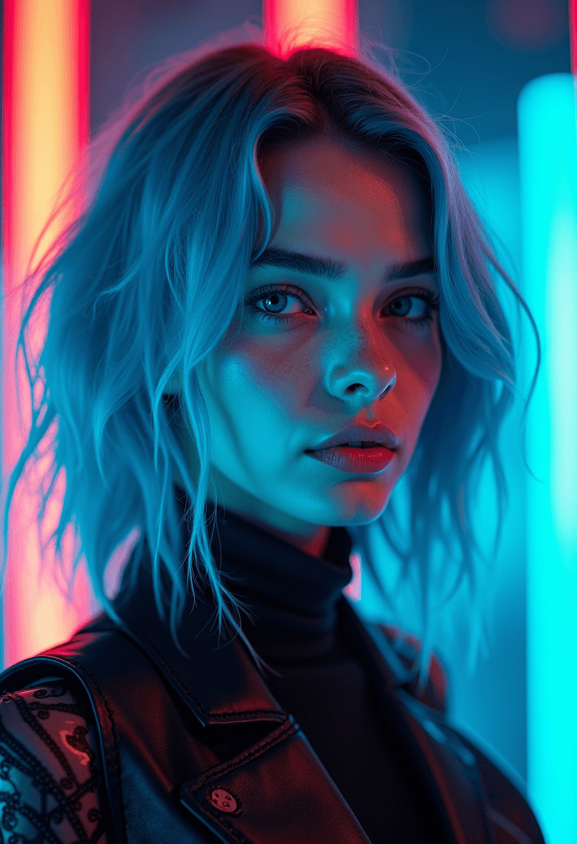 AI generated: Best quality, Raw photo, face portrait, a young cyborg woman with fiery blue hair, with cyborg parts...