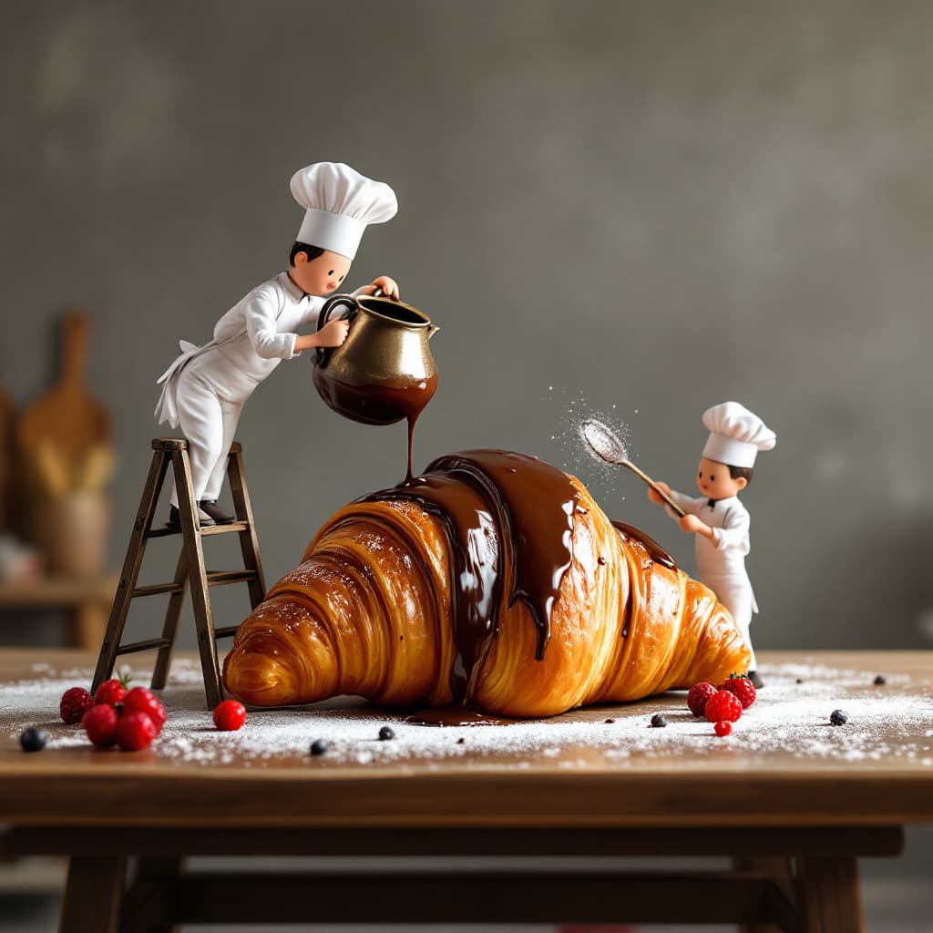 AI generated: A photorealistic scene of cute miniature chefs in traditional white uniforms and hats, eagerly pouri...