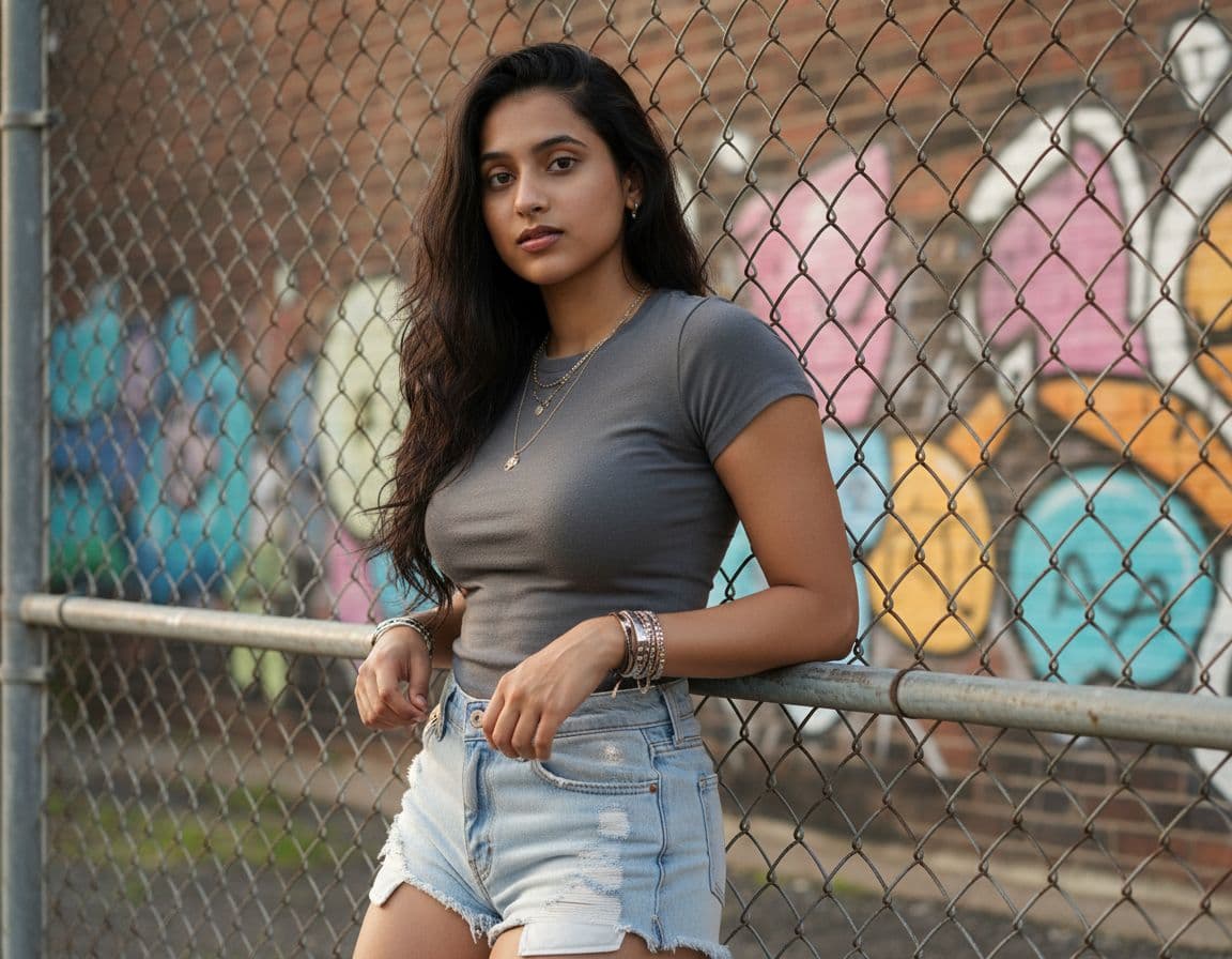 AI generated: A photorealistic portrait of an athletic woman in denim shorts and a t-shirt She is leaning against ...