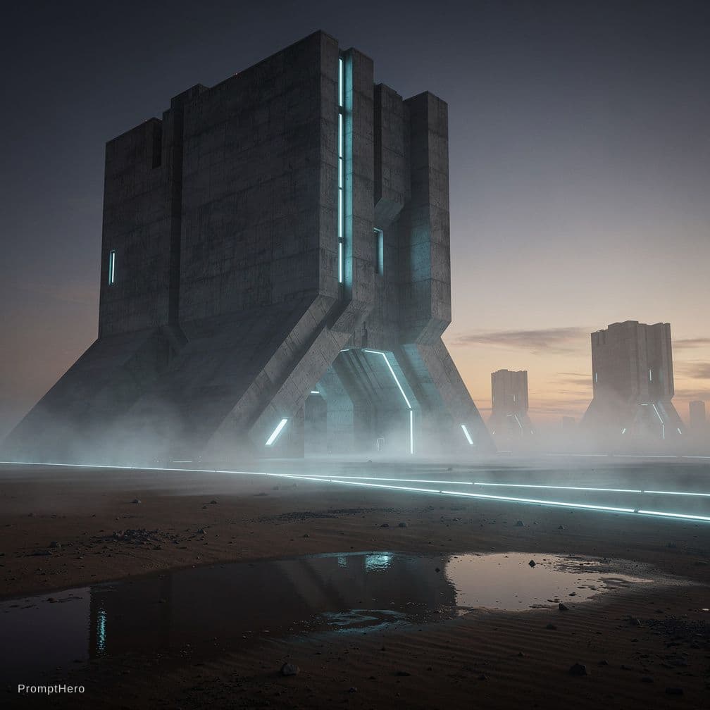 AI generated: brutalism future sci-fi desert cyan lights concrete dusk fog --ar 16:9 --v 6.1