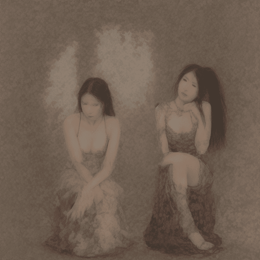 AI generated: Two beautiful alluring Japanese women, sit in a serene field of red roses, right hand of each on the...
