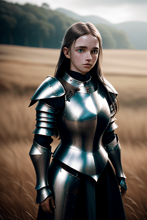 AI generated: Photo of a girl in medieval armor, subtle metal reflections, upper body, outdoors, field, overcast, ...