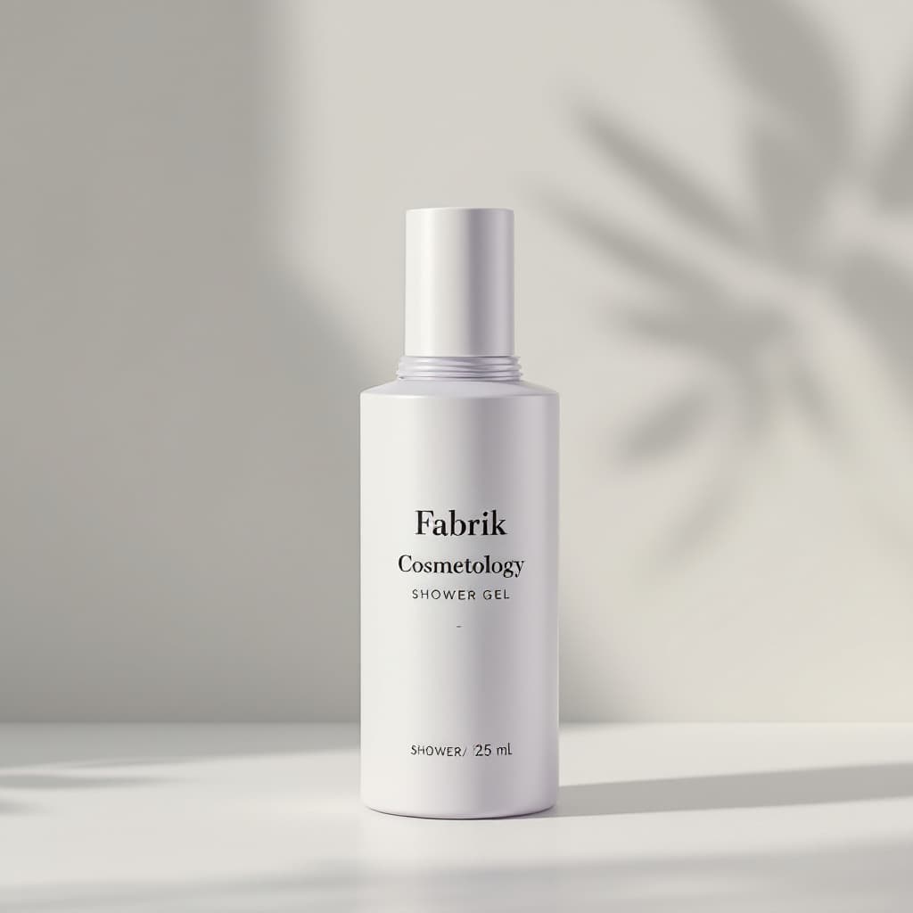 AI generated: A sleek and modern shower gel bottle design, branded "Fabrik Cosmetology", standing upright on a cle...