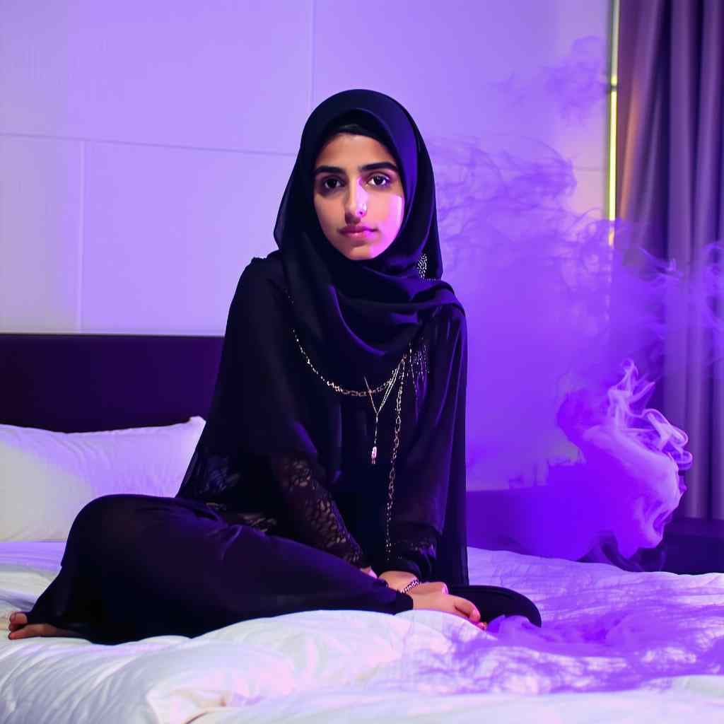 AI generated: arabic girl, purple air, on a bed
