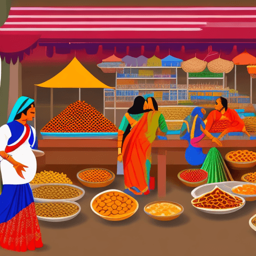 AI generated: Indian market with spices, food, saris, vibrant, vector grpahics