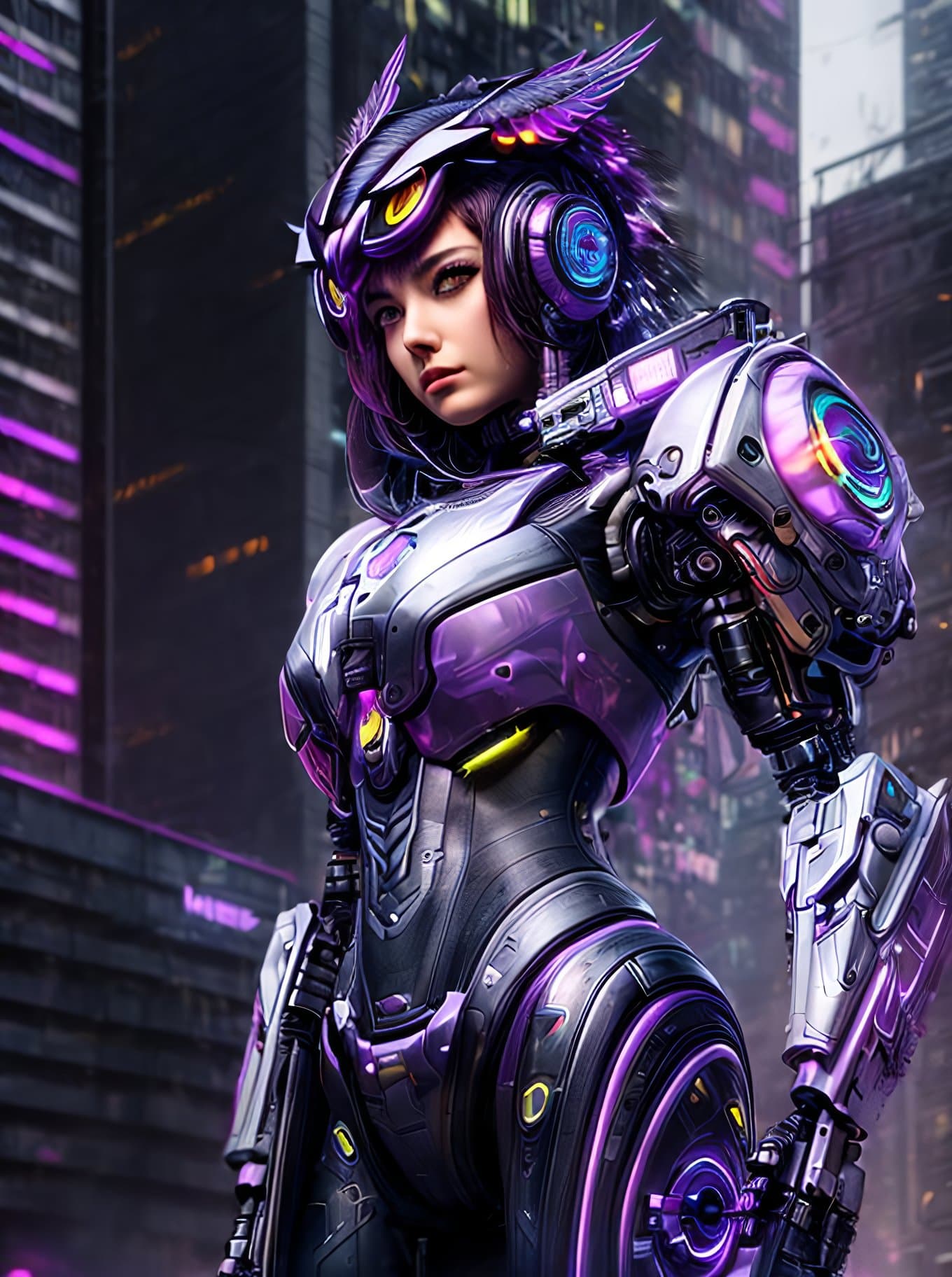 AI generated: Cybernetic owl person leaning against a building, nvinkpunk style, (owl head), large head, feathers,...